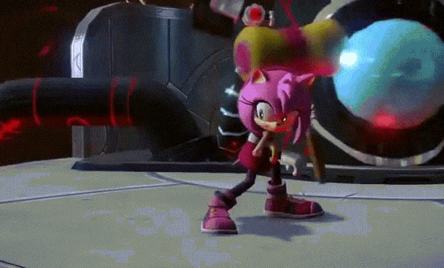 amy rose from sonic the hedgehog is standing in front of a large sphere