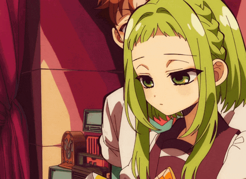 a girl with green hair is standing next to a man with brown hair