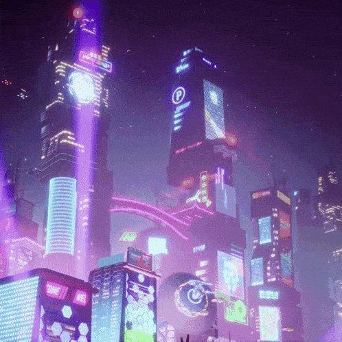 a futuristic city with a sign that says p.