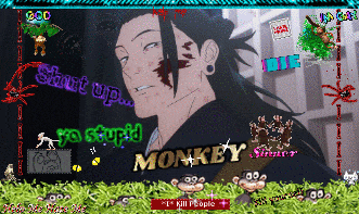 a video game with monkeys and a man with blood on his face says " shut up "