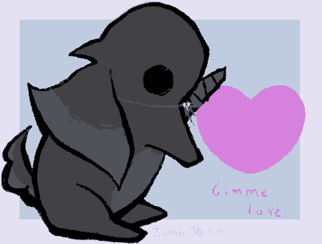 a drawing of a dolphin holding a pink heart with the words gimme love below it