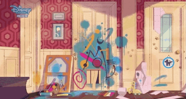 a cartoon drawing of a messy room with a disney channel logo on the wall