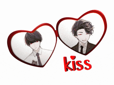 a couple of hearts with the word kiss in the middle