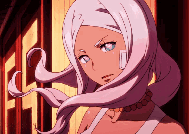 a girl with long white hair and blue eyes looks at the camera