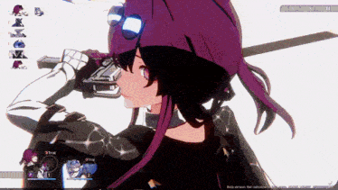a screenshot of a video game shows a girl with purple hair