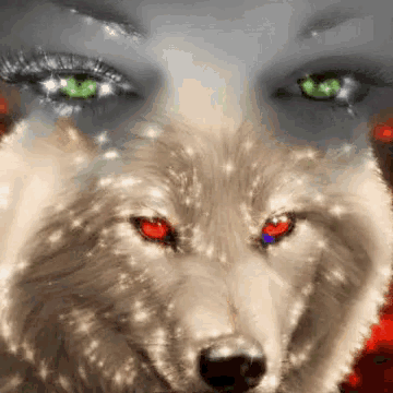 a close up of a wolf with a woman 's eyes behind it