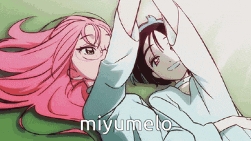 a couple of anime girls laying next to each other with the word miyumelo written on the bottom