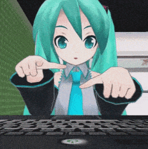 a girl with green hair and blue eyes is pointing at something