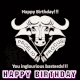 a happy birthday greeting card with a picture of a bull with horns and a mustache .