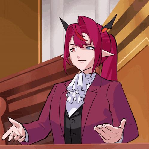 a cartoon of a woman with red hair and horns in a courtroom