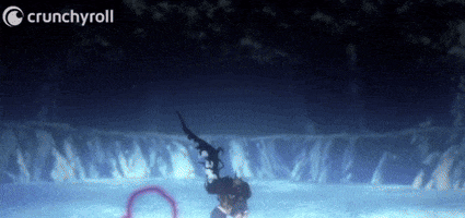 a person is holding a sword in a dark room with a crunchyroll logo in the background .