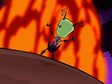 a cartoon character is doing a handstand in front of a large fire