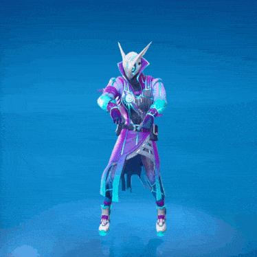 a video game character with a purple and blue outfit and horns