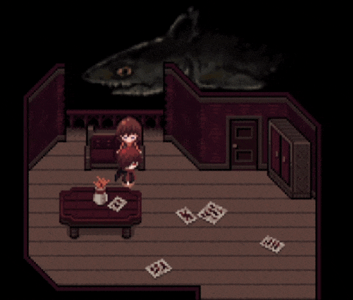 two children sit on a couch in a dark room with a shark behind them
