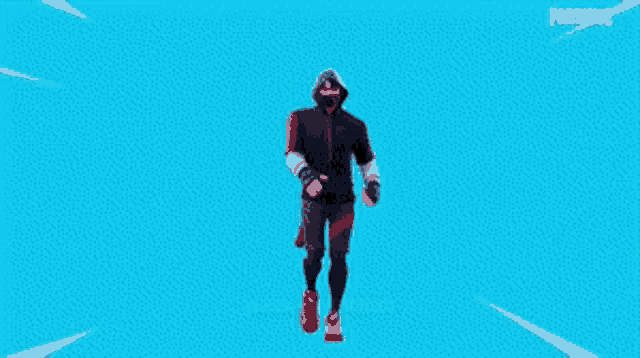 a man is dancing in front of a blue background that says fortnite on it