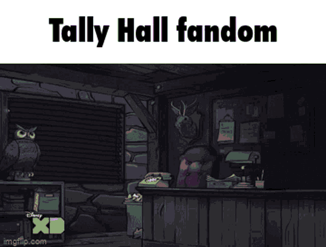 a cartoon of a man standing in a dark room with the words tally hall fandom on the bottom