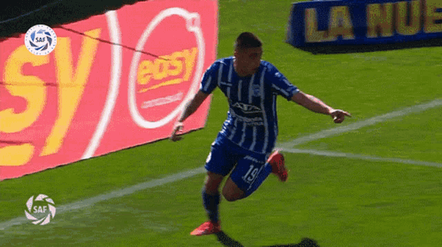 a soccer player wearing a blue and white jersey with the number 19 on it