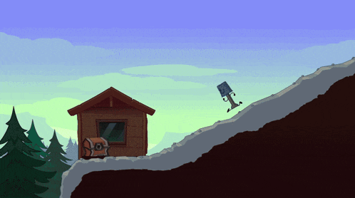 a cartoon drawing of a house and a treasure chest on a hill