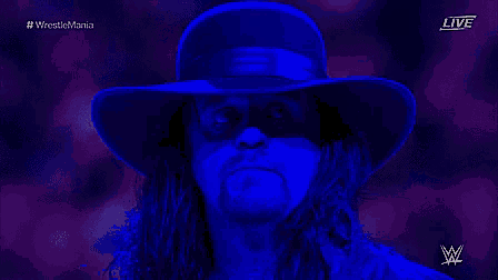the undertaker is wearing a blue hat and a mask during a wrestling match .