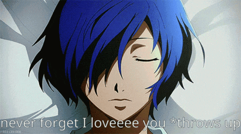 a blue haired anime character with the words " never forget i loveeee you throws up "