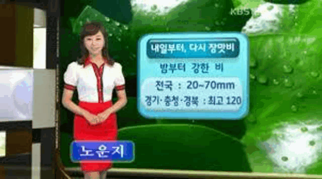 a woman in a red skirt is standing in front of a screen with a sign that says ' kbs ' on it .