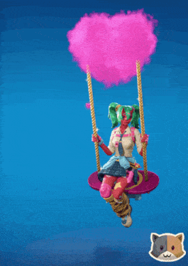 a girl is sitting on a swing with a pink heart shaped cloud above her head