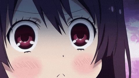 a close up of a girl 's face with big red eyes and a purple background .
