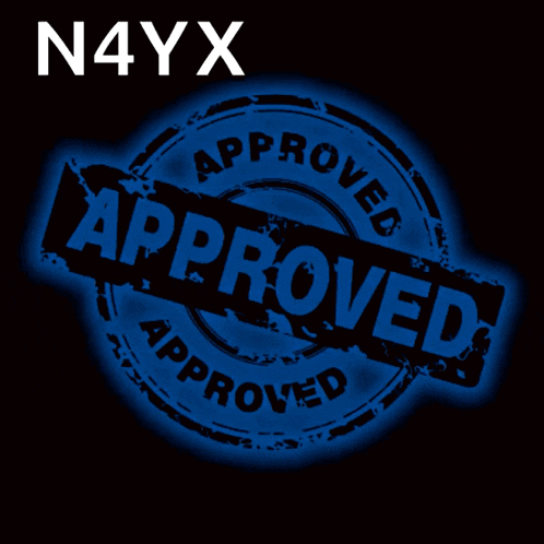 a blue and black stamp that says approved on a black background