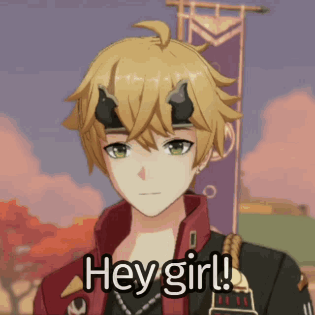 a cartoon character with horns on his head says " hey girl "
