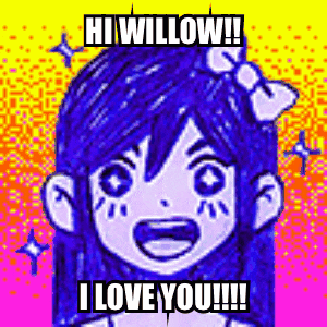 a cartoon girl with blue hair and a bow on her head is smiling and says hi willow ! i love you !!!