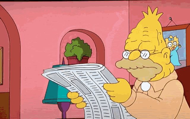 a cartoon character is reading a newspaper with a lamp in the background