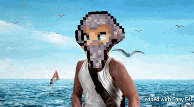 a pixel art of a man with a beard standing in front of a body of water