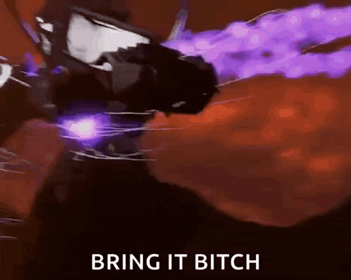 a picture of a cat with purple smoke coming out of its mouth and the words bring it bitch on the bottom