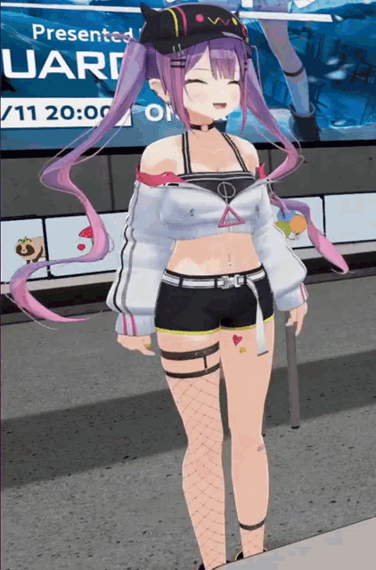 a purple haired anime girl is standing in front of a sign that says presented