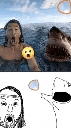 a man is taking a selfie in the ocean next to a shark and a cartoon of a shark .