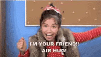 a girl in a fur vest is saying i 'm your friend air hug