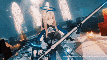 a girl with a halo on her head is holding a sword in a video game