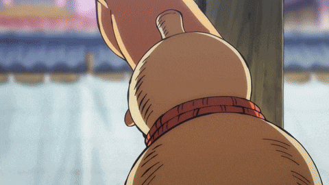 a cartoon character with a red collar is standing next to a wooden post