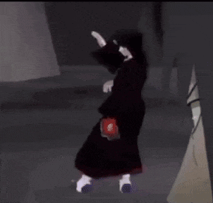 a cartoon character is dancing in a dark room in a black coat .