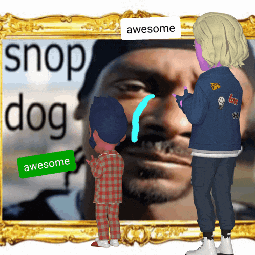 two kids standing in front of a picture of snoop dog