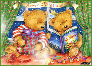 two teddy bears reading a book with merry christmas written above them