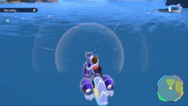 a video game screen shows a person riding a dragon in the water