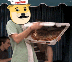 a doge wearing a chef 's hat holds a box of pizza