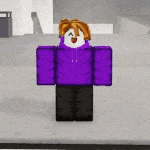 a roblox character wearing a purple hoodie and black pants is standing on a concrete surface .