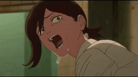 a close up of a cartoon girl with her mouth open and tears coming out of her eyes .
