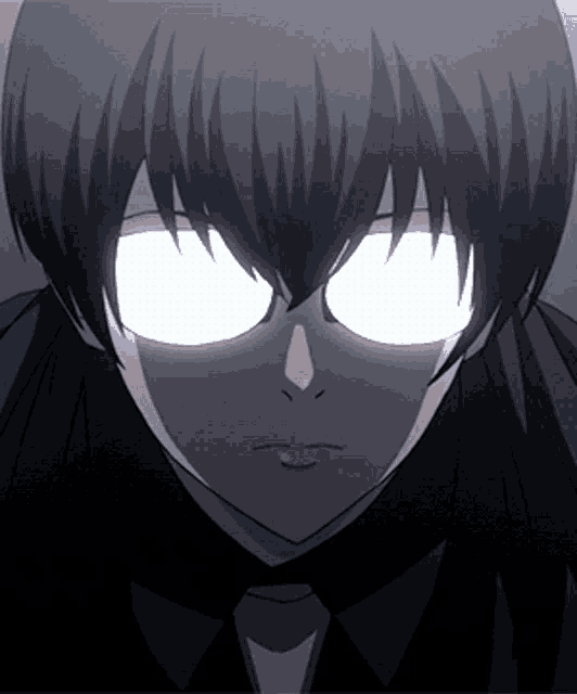 a close up of a person 's face with glowing white eyes