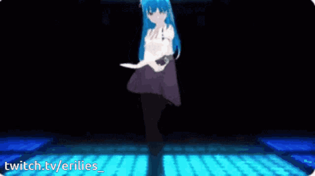 a girl with blue hair is dancing on a stage with the words twitch.tv/erilies_ below her