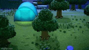 a video game scene with trees and a tent .