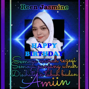 a birthday card for reen jasmine with a woman in a white hijab