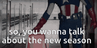 a captain america standing in a hallway with the words so you wanna talk about the new season below him
